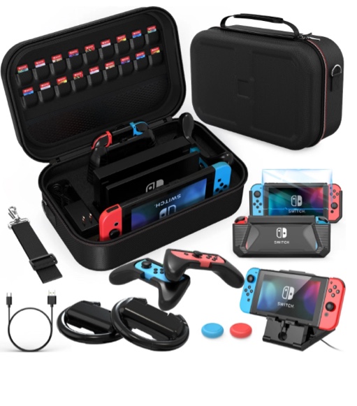 HEYSTOP Nintendo Switch Case & Accessories Bundle, 12 in 1 Hard Shell Travel Case, TPU Protective Cover, Joy-Con Grips & More - Compatible with 2021 OLED Model