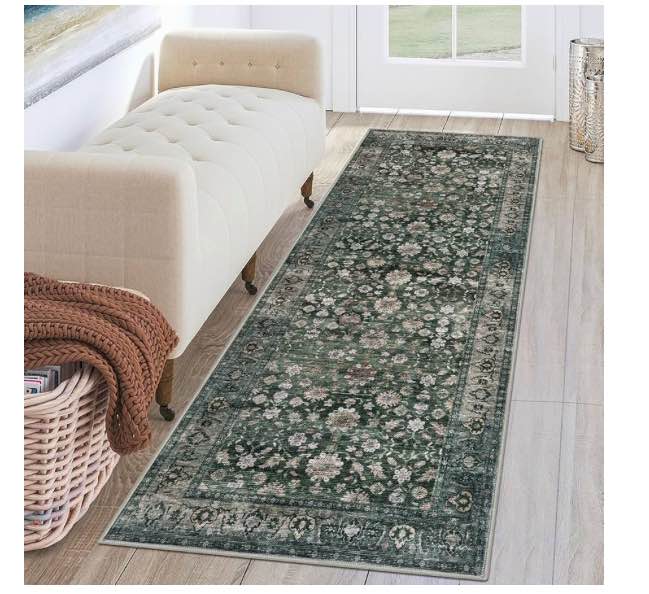 KUTA Runners for Hallways 2x6 Dark Green Blue, Vintage Floral Rug Non-Slip Washable Kitchen Rugs Ultra Thin Soft Printed Retro Distressed Flower Carpet Entryway Rugs for Bedroom Laundry Nursery