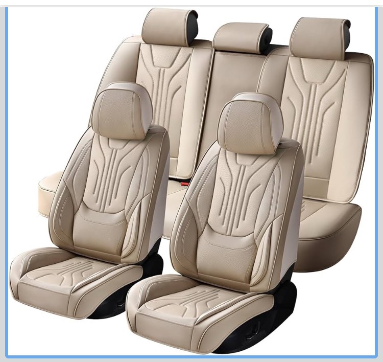 Car Seat Covers Full Set, Universal Fit Faux Leather Cushion Protector, Waterproof Non-Slip Automotive Interior Accessories for Sedans, SUVs, Trucks(Beige, Full Set(5 Seats))