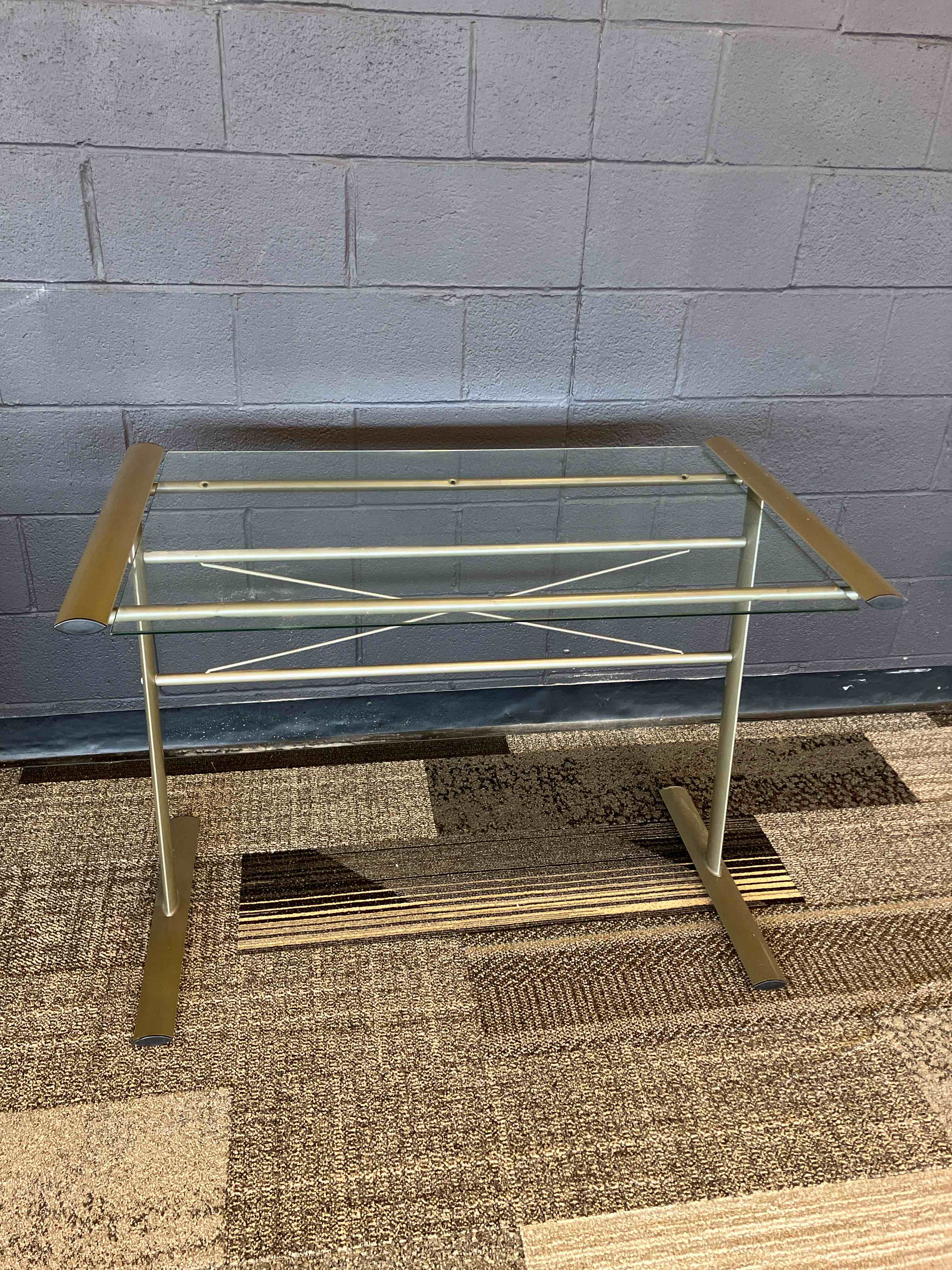 Classic Office Desk with Glass Top and Aluminum Frame Length 40.5 inches, width 24 inches, height 29 inches.