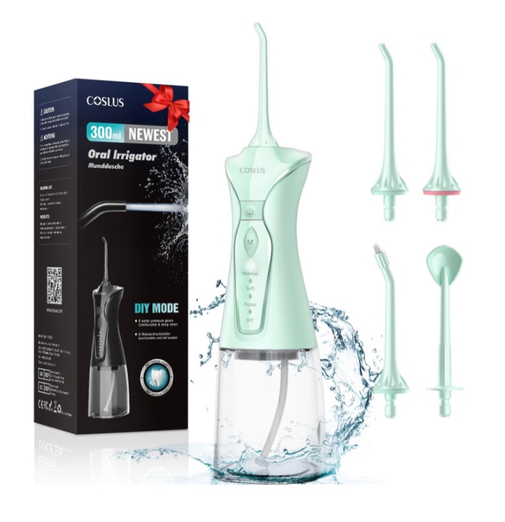 COSLUS Water Dental Flosser Pick for Teeth: 4 Modes Cordless Portable 300ML Larger Tank Water Teeth Cleaner IPX7 Waterproof Flossing Cleaning Picks for Home Travel FC5360 Green