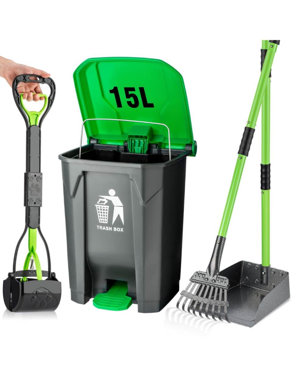 MXF Pooper Scooper Set, Dog Poop Trash Can for Outdoors with 20 Waste Bags, 15 Litre Step Dog Poop Trash Can w/Removable Inner Bucket, 28" Dog Pooper Scooper and Long Handle Stainless Metal Tray&Rake