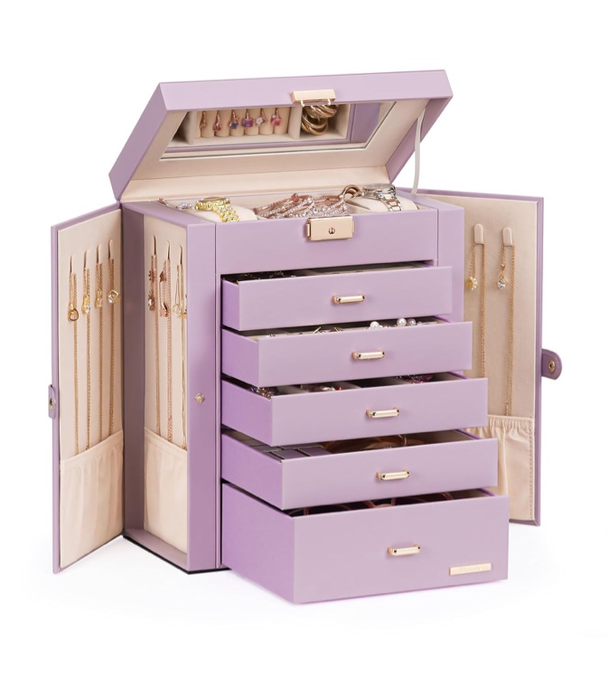 Homde Jewelry Box Large for Women: 6 Layers 5 Drawers Organizer with Mirror for Ring Earring Necklace - Storage Holder with Lock for Dresser (Gray Purple)