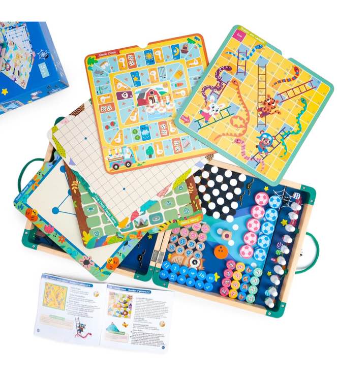 14-in-1 wooden fast foldable sling puck set for kids and adults, multi-game combo with snakes and ladders, bowling and more, portable travel games set, interactive families toys