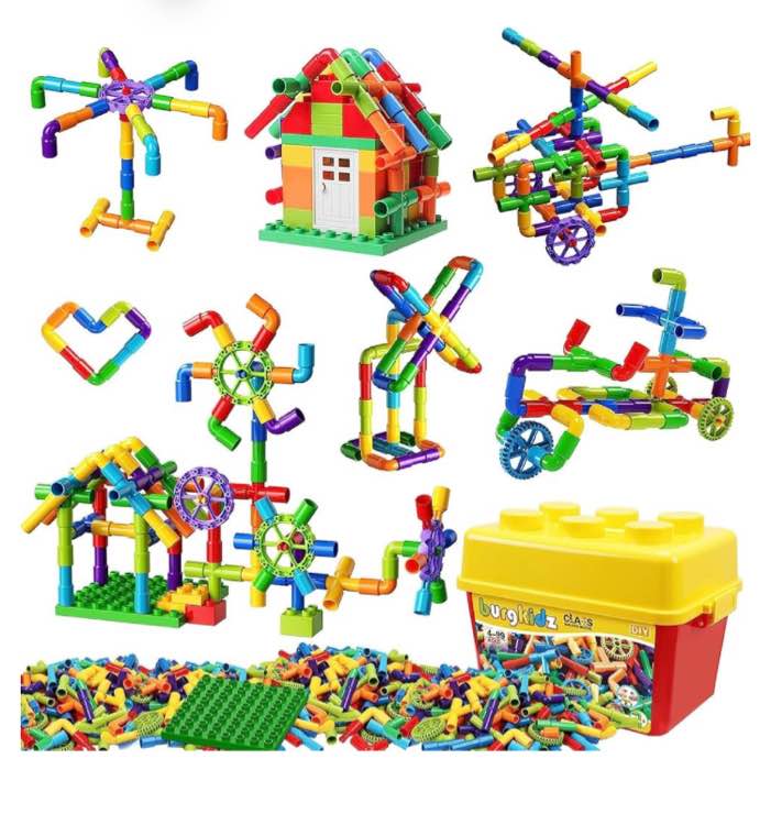 burgkidz 188 Piece Pipe Tube Toy, Sensory Water Tube Locks Construction Building Blocks, Educational Building Learning Toys with Wheels and Baseplate for Kids Boys Girls Age 3+