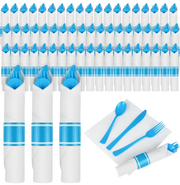 100pack light blue pre rolled plastic silverware - wrapped blue plastic cutlery set include 100 forks, 100 knives, 100 spoons and 100 napkins, heavy duty disposable silverware for party, wedding