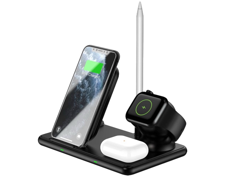 4 in 1 Wireless Charging Station for Apple Products - 15W Fast Wireless Charger for Apple iPhone, iWatch, Airpod with Adapter & iWatch Charging Cable (Black)