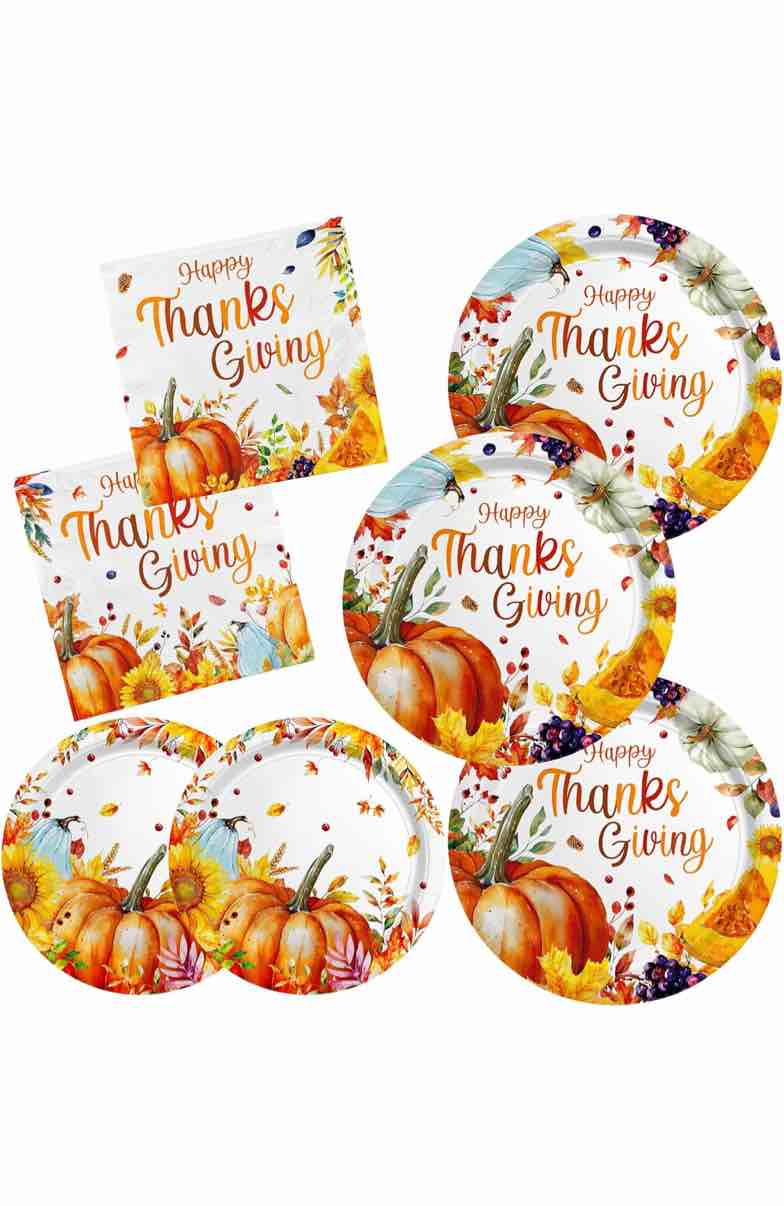 Fall Thanksgiving Party Supplies Kit - Pumpkin Harvest-Themed Disposable Dinnerware Set with Plates and Napkins for 50 - for AutumnThanksgiving Party Decoration
