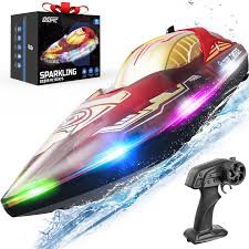 DEERC RC Boat with LED Lights for Kids, 2.4Ghz Full Proportional Remote Control Racing Boat for Pool, 80 Min Running Time, Capsize Recovery, Water