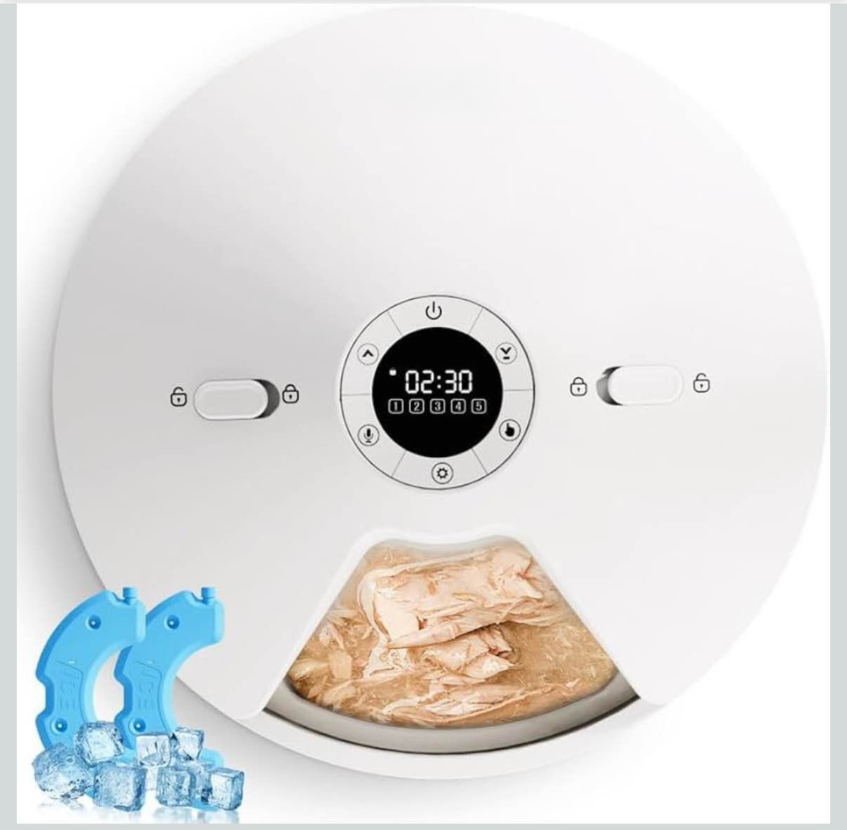 Automatic Cat Feeder Wet Food, 5 Meals Cordless Pet Food Dispenser, Fresh Food Refrigerated Container with 2 Ice Packs, 10s Voice Recording, Programmable Timer Battery Operated