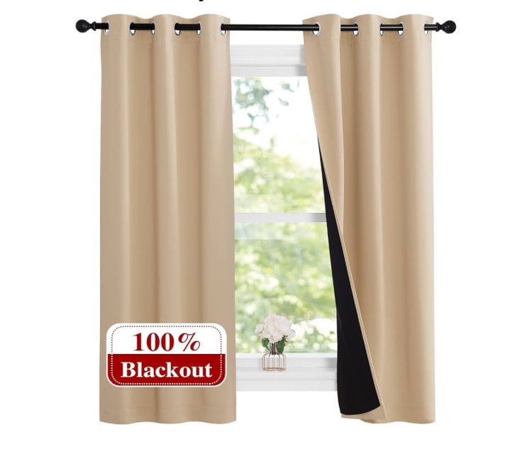 NICETOWN Bedroom Full Blackout Curtain Panels, Super Thick Insulated Grommet Drapes, Double-Layer Blackout Draperies with Black Liner for Small Window (Set of 2 Pcs, 37 by 63-inch, Biscotti Beige)