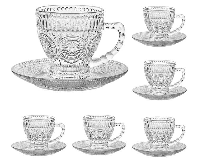 vintage glass tea cups with saucers, glass mugs 7 oz set of 6 espresso coffee embossed glassware with handle, for cappuccino, latte, cereal, yogurt, beverage hot/cold, milk