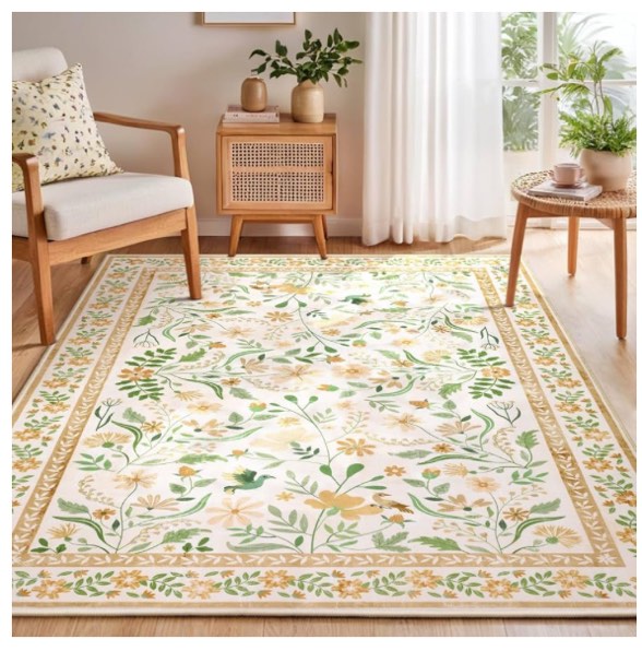 SHACOS 5x7 Boho Rugs for Living Room, Machine Washable Area Rugs for Bedroom Non Slip Floral Soft Nursery Carpet for Playroom Entryway Dining Room, Beige