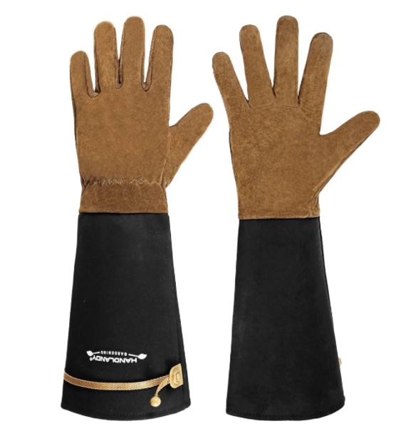 HANDLANDY Long Gardening Gloves for Men & Women, Cowhide Leather Rose Pruning Gloves, Breathable Thorn Proof Gauntlet Glove (Brown-Cowhide, M)