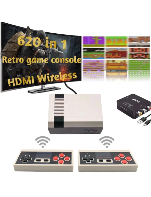 Retro Game Console,Built in 620 Video Games,Dual Wireless Remote Controllers,AV and HDMI Output Video Game System,Plug and Play.