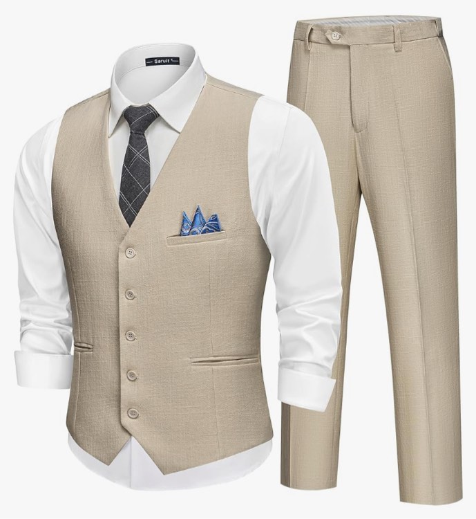 Mens Linen Suit Slim Fit 2 Piece Lightweight Summer Suits Beach Wedding Vest Pants Set Medium 
