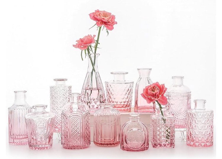 12Pcs Glass Bud Vase Set, Small Flower Vase for Centerpieces, Pink Bud Vases in Bulk, Mini Vintage Vase for Rustic Wedding Decorations