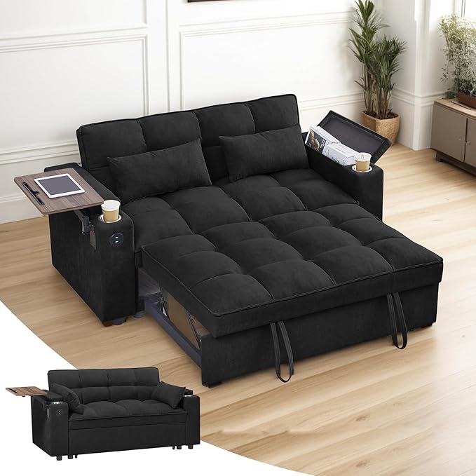 3 In 1 Sleeper Sofa Bed, Pull Out Couch with Side Table, Convertible Loveseat with Adjustable Backrest, Chaise Lounge with USB and Type-C Ports for Living Room Office, Black