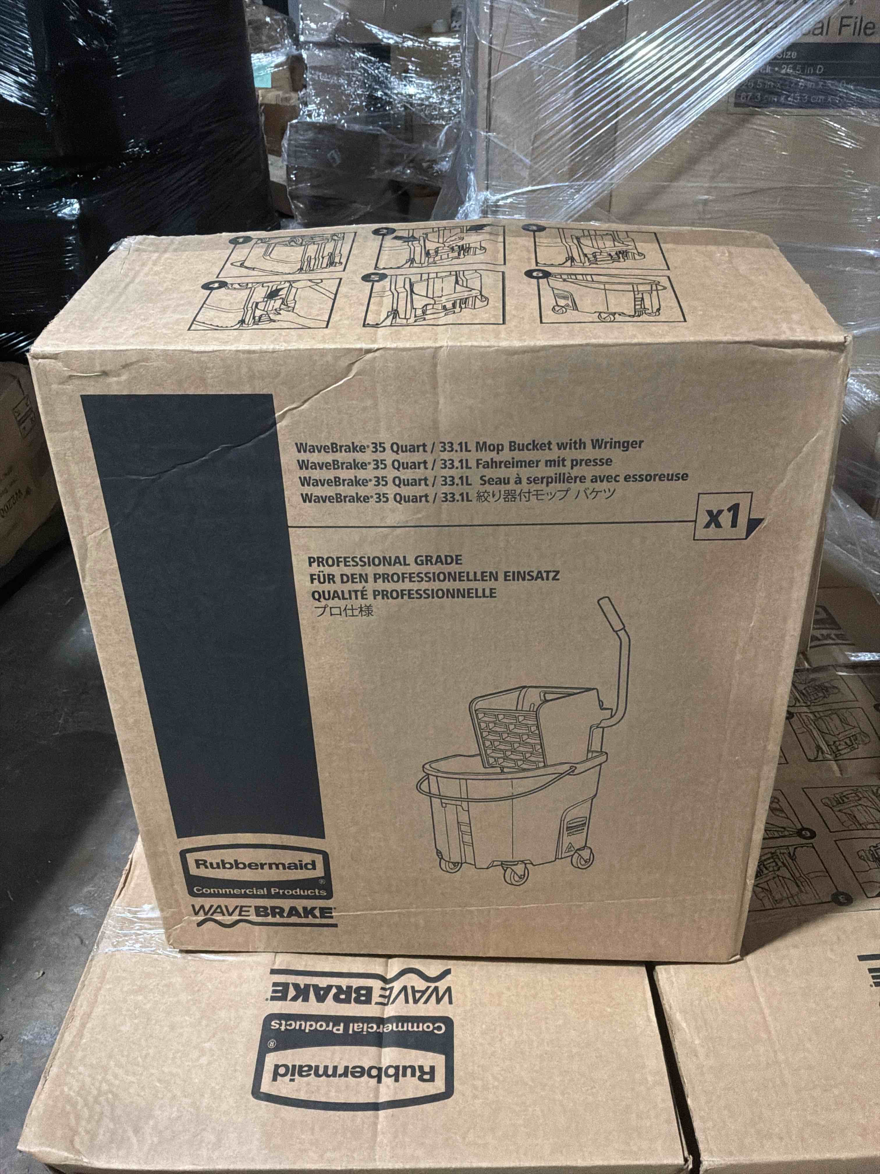 Condition photo showing New/Like New for Rubbermaid Commercial Products WaveBrake 35Quart/33.1LSide-Press Mop Bucket and Wringer Combo on Wheels, Yellow, for Professional/Industrial/Business Heavy-Duty Floor Cleaning/Mopping