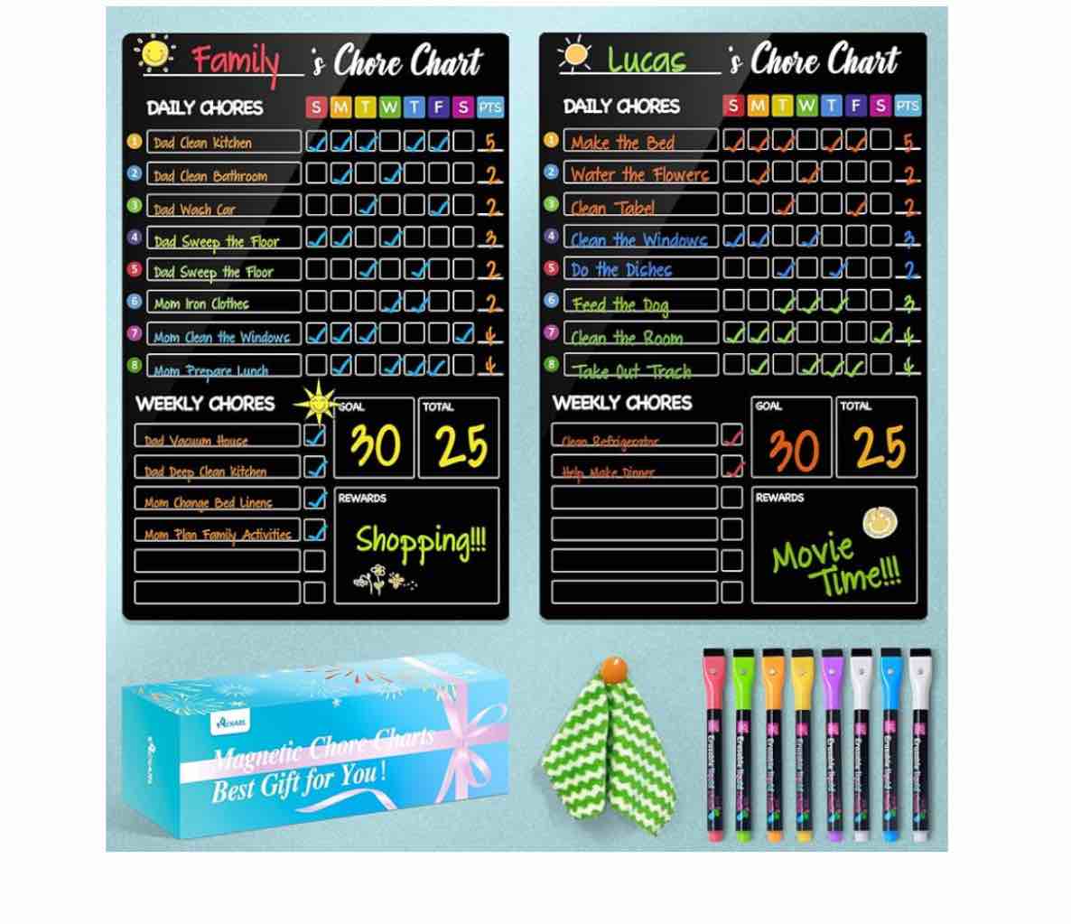 2 Pack 8"x12" Magnetic Chore Chart for 2 Kids with 8 Markers, Black Daily Chore Chart, Chores Magnet for Fridge, Kids Schedule Board for Home for Multiple Children