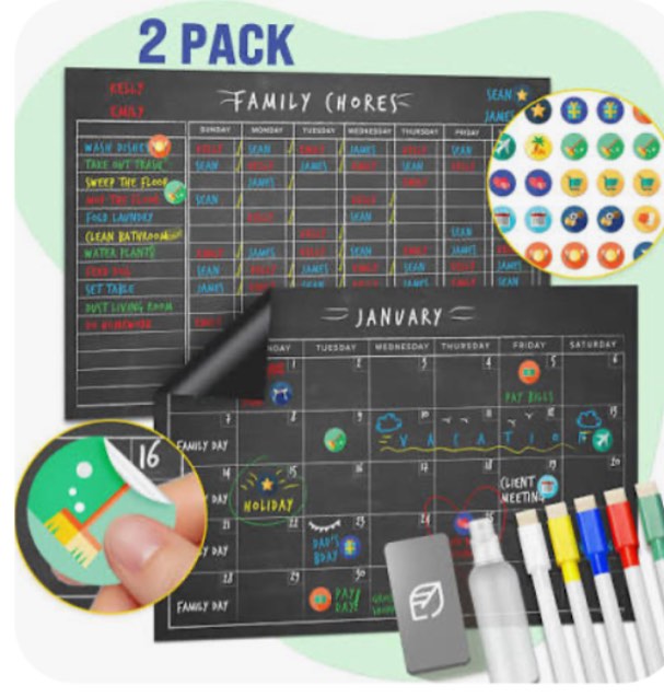 Magnetic Chore Chart & Chalkboard Calendar Set - 11" x 17", Weekly Menu Board & Meal Planner for Refrigerator - Reusable Dry Erase, Includes Markers & Eraser