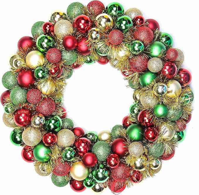 16 Inch Christmas Ball Wreath Ornaments Home Party Decors Xmas Holiday Decorative Shatterproof Hanging Ornament Wreath for Front Door Red Gold Green