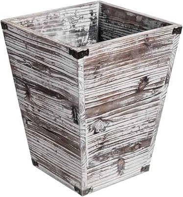Liry Products Rustic Torched Wood Square Waste Basket Farmhouse Style Recycle Bin Trash Can Decorative Metal Brackets Whitewashed Wooden Garbage Container Ash Holder Bedroom Living Room Home Office