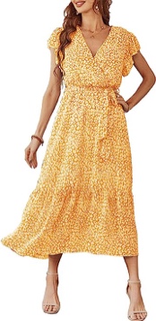SIZE LARGE PRETTYGARDEN Women's 2023 Floral Summer Dress Wrap V Neck Short Sleeve Belted Ruffle Hem A-Line Bohemian Maxi Dresses