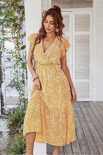 SIZE MEDIUM PRETTYGARDEN Women's 2023 Floral Summer Dress Wrap V Neck Short Sleeve Belted Ruffle Hem A-Line Bohemian Maxi Dresses
