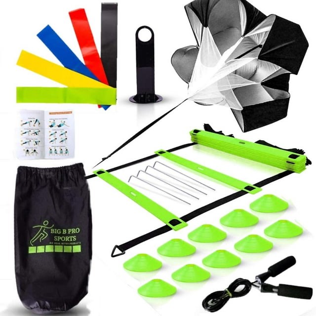 Big B Pro Sports | Speed & Agility Training Set | Includes Ladder, 10 Cones, Running Parachute, Jump Rope, 5 Resistance Bands | Great for Football, Soccer, Hockey, Basketball & Coaching | Green