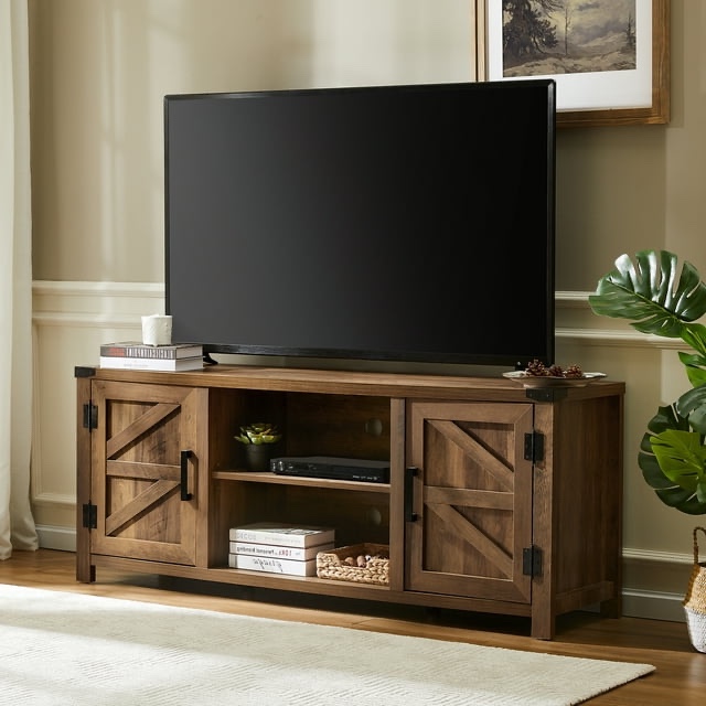 Wampat Farmhouse TV Stand for TV up to 65" Barn Door Media Console Storage Cabinet in Rustic Brown, Entertainment Center for Living Room