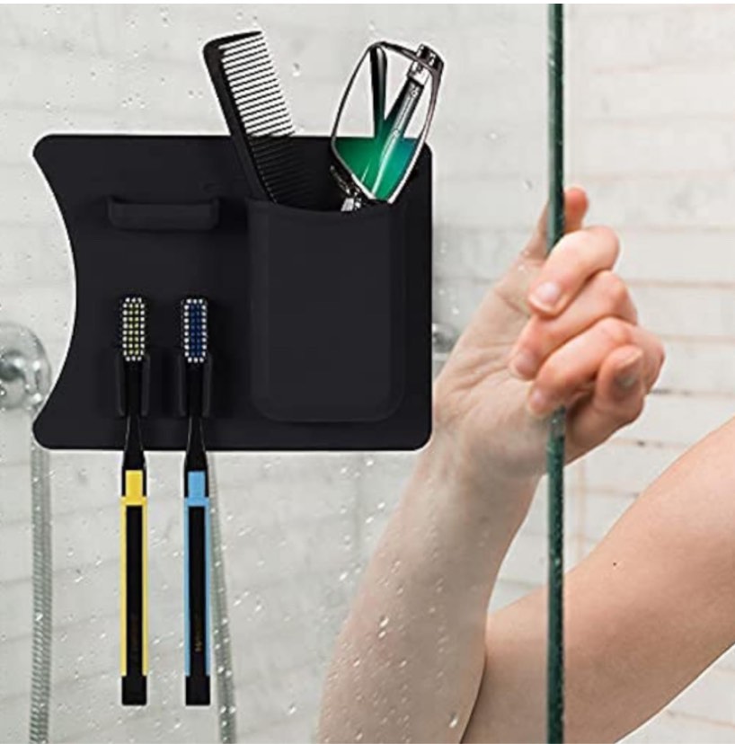 Shower Toothbrush Holder for Shower Wall-Couples Black Adhesive Toothbrush Holder for Shower-Waterproof Holes in Bottom+Small Jewelry&Ring Shelf-Reusable Mirror Toothbrush Holders