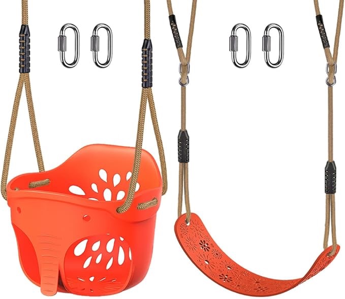 SELEWARE Toddler Swing Sets, High Back Full Bucket Swing and Heavy Duty Swing Seat, with Adjustable Rope and Carabiners, Cute Elephant Design, 600lbs Capacity