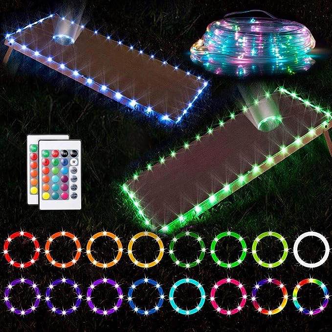 ZEZHOU LED Cornhole Lights, Remote Control Cornhole Board Edge and Hole Ring Lights Set for Family Backyard Outdoor Bean Bag Toss Cornhole Game, RGB 16 Color Change by Yourself, Waterproof, 2 Set