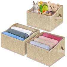 BALEINE 3 Pack Closet Storage Bins for Shelves, Trapezoid Clothing Organizer with Handles, Foldable Linen Fabric Box Containers for Home Bedroom Office, Beige Small
