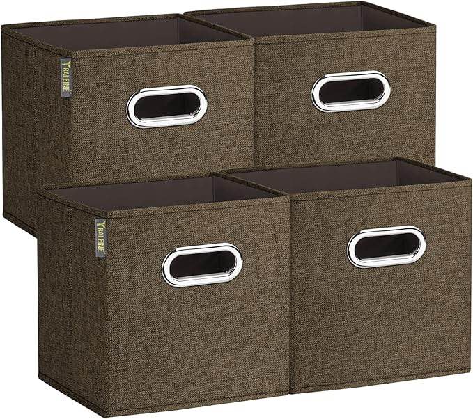 BALEINE Premium Foldable Cube Storage Bins, Collapsible Linen Fabric Cube Organizer with Aluminum Handles, 10.5" x 10.5" x11" Heavy Duty Cube Baskets, Brown 4 Pack
