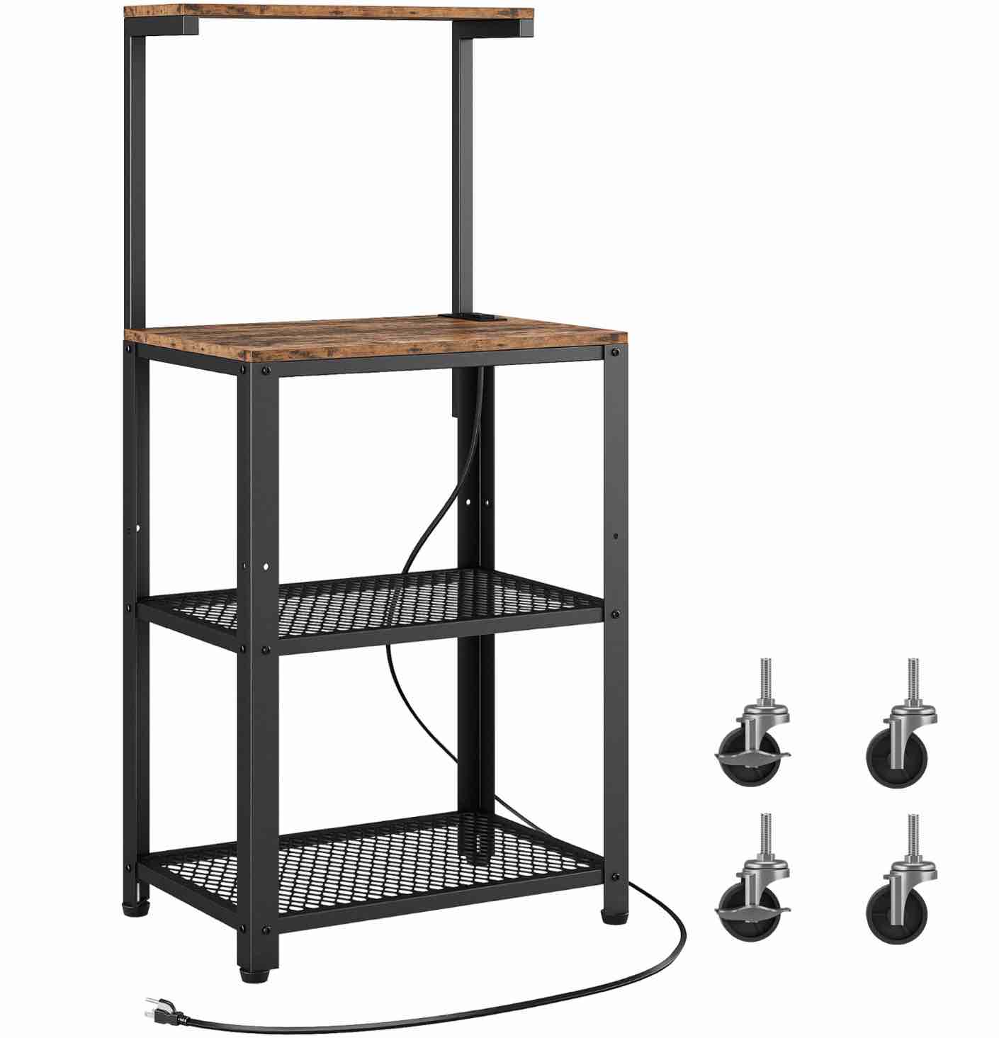 IRONCK Bakers Rack with Power Outlet, Industrial Microwave Cart with Wheels 3-Tier Coffee Bar for Kitchen Living Room Vintage Brown