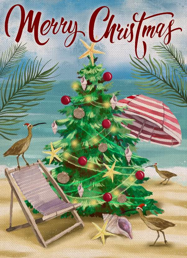 Covido Home Decorative Merry Christmas Pine Tree Garden Flag, House Yard Xmas Coastal Bird Beach Outside Decoration, Winter Nautical Ocean Sea Hawaii Outdoor Small Burlap Flag Decor Double Sided 12x18
