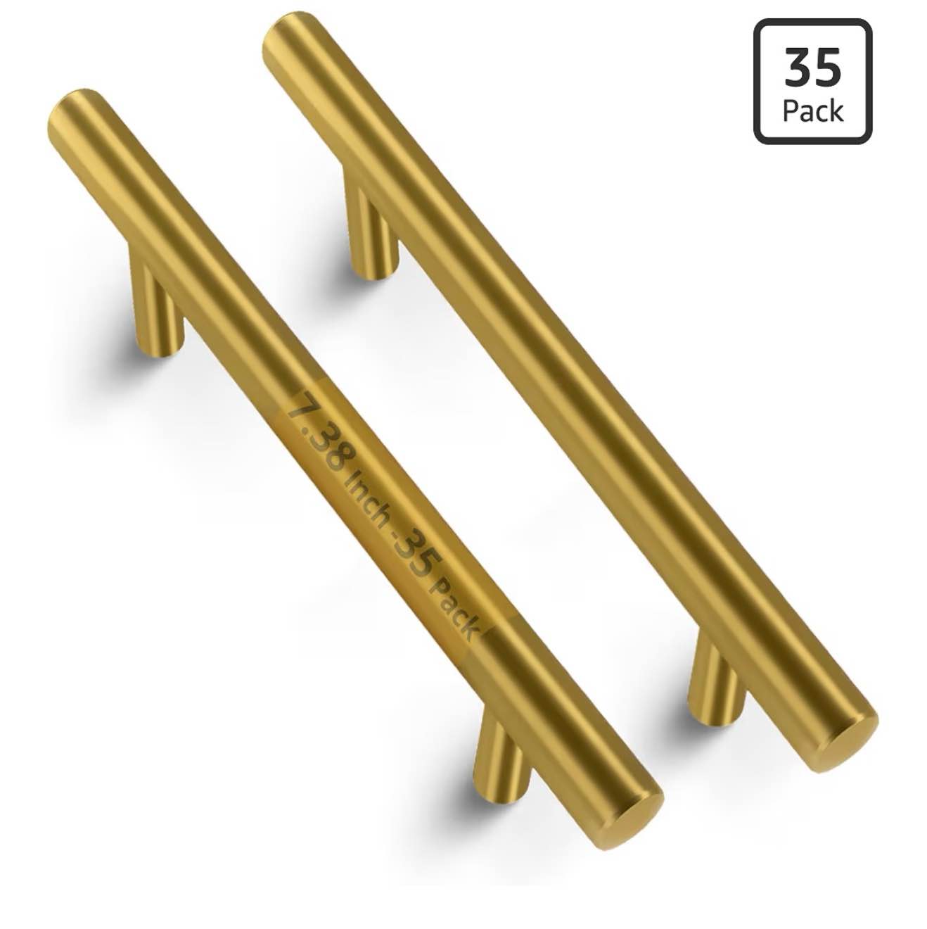 Mega Handles 35 Pack I Cabinet Pulls 7.38 Inch, Stainless Steel Cabinet Handle Pulls I Ideal for Kitchen Drawer, Cabinets, Door, Cupboard I Hardware for Cabinets - Hole Distance 5 Inch - Satin Brass