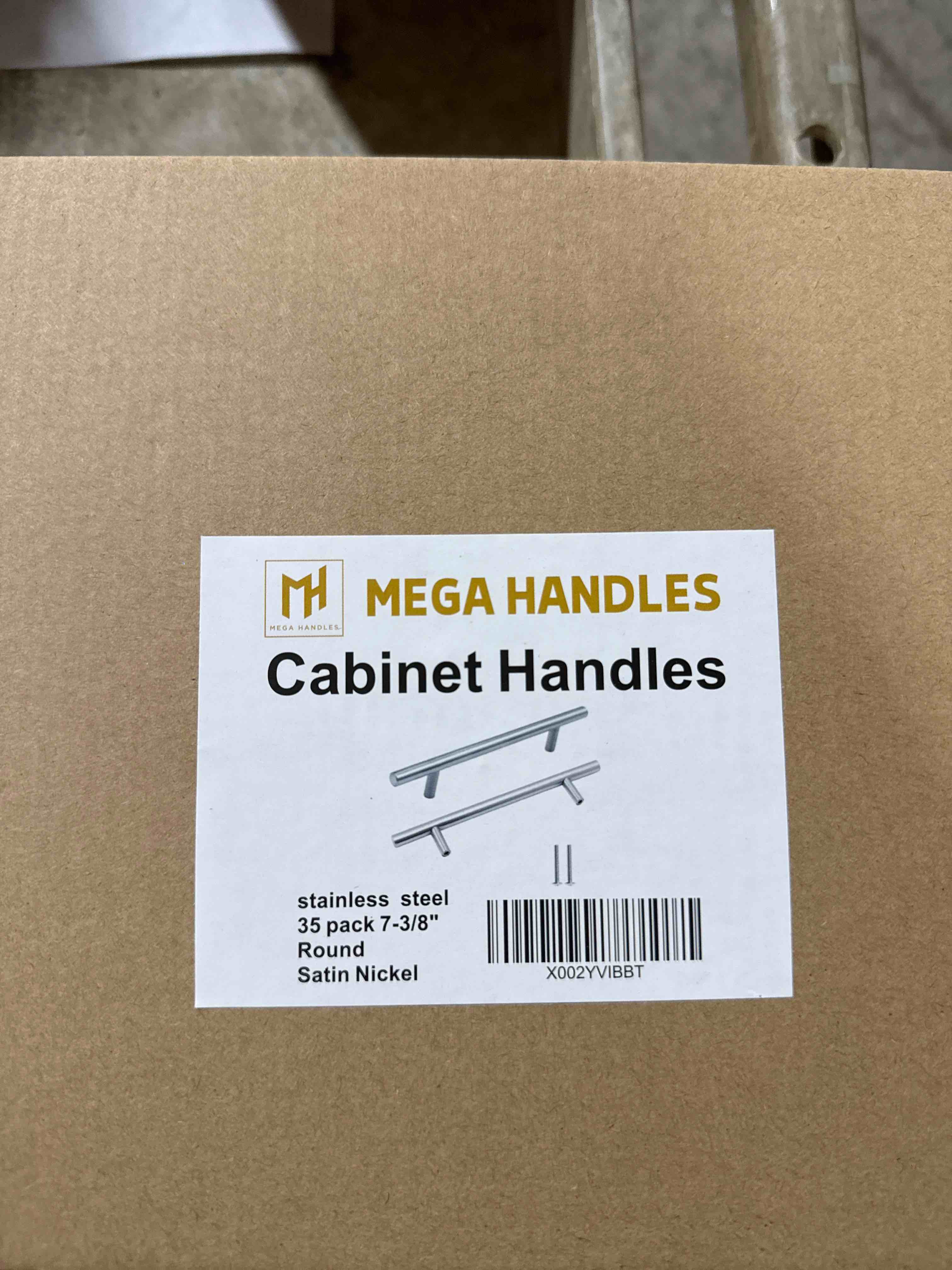 Condition photo showing Brand New for 35 pack mega handles cabinet pulls 7-3/8” round satin nickel stainless steel 