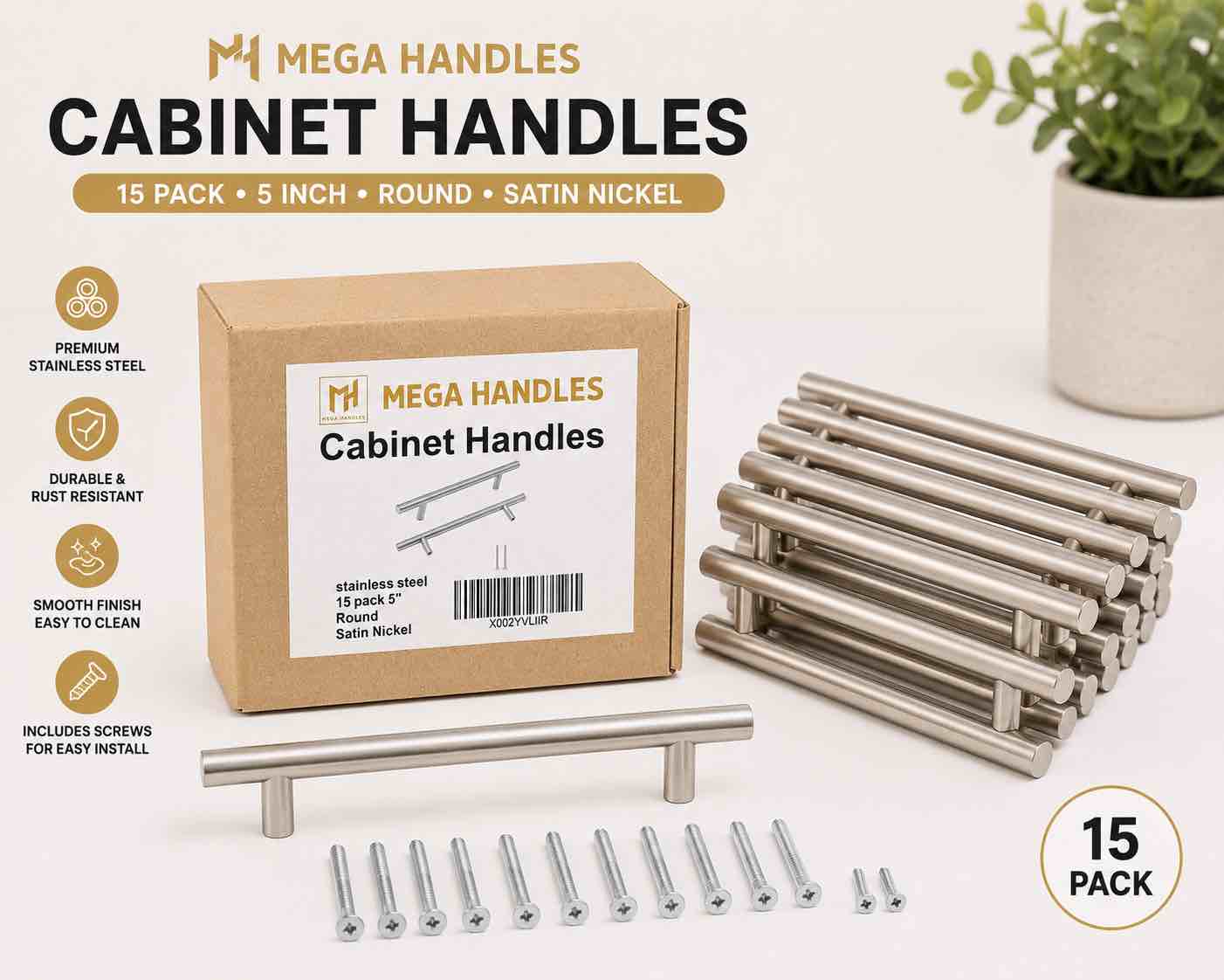 (15 pack) 5” Stainless Steel round satin nickel cabinet handles