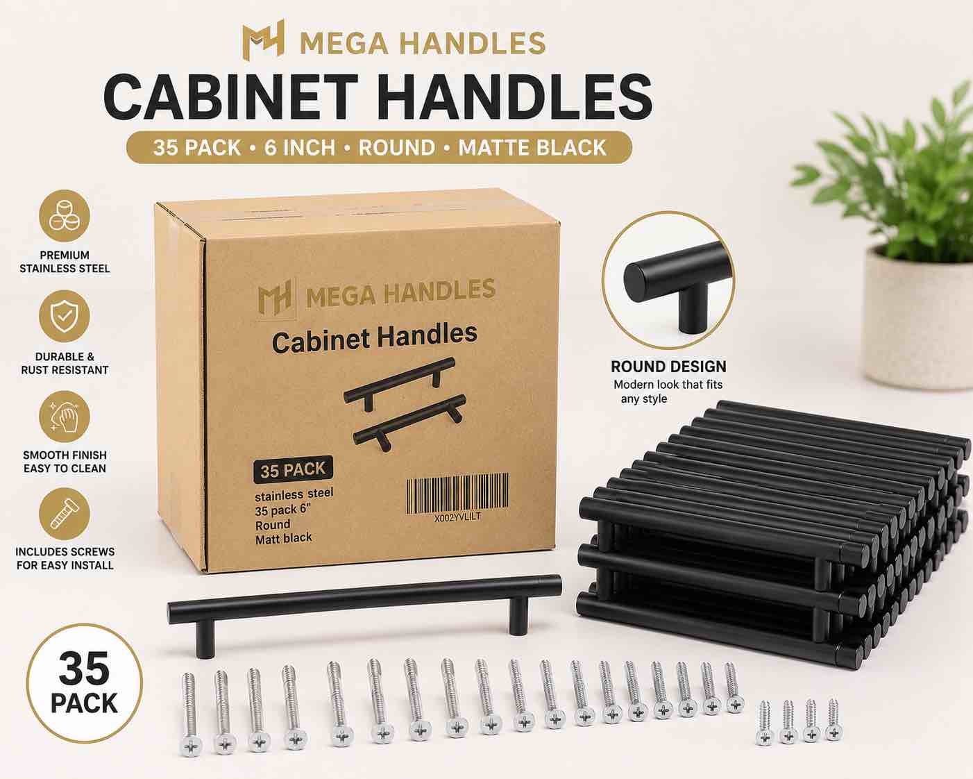 (35 pack)  6 inch stainless steel matte black round cabinet handles