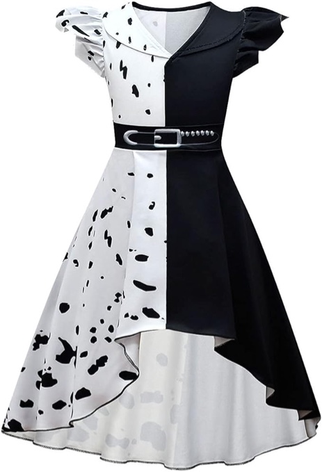 (Size 6-7 Years) Cruella Deville Costume Kids Girls Dalmatians Dress Up Halloween Fancy Dress