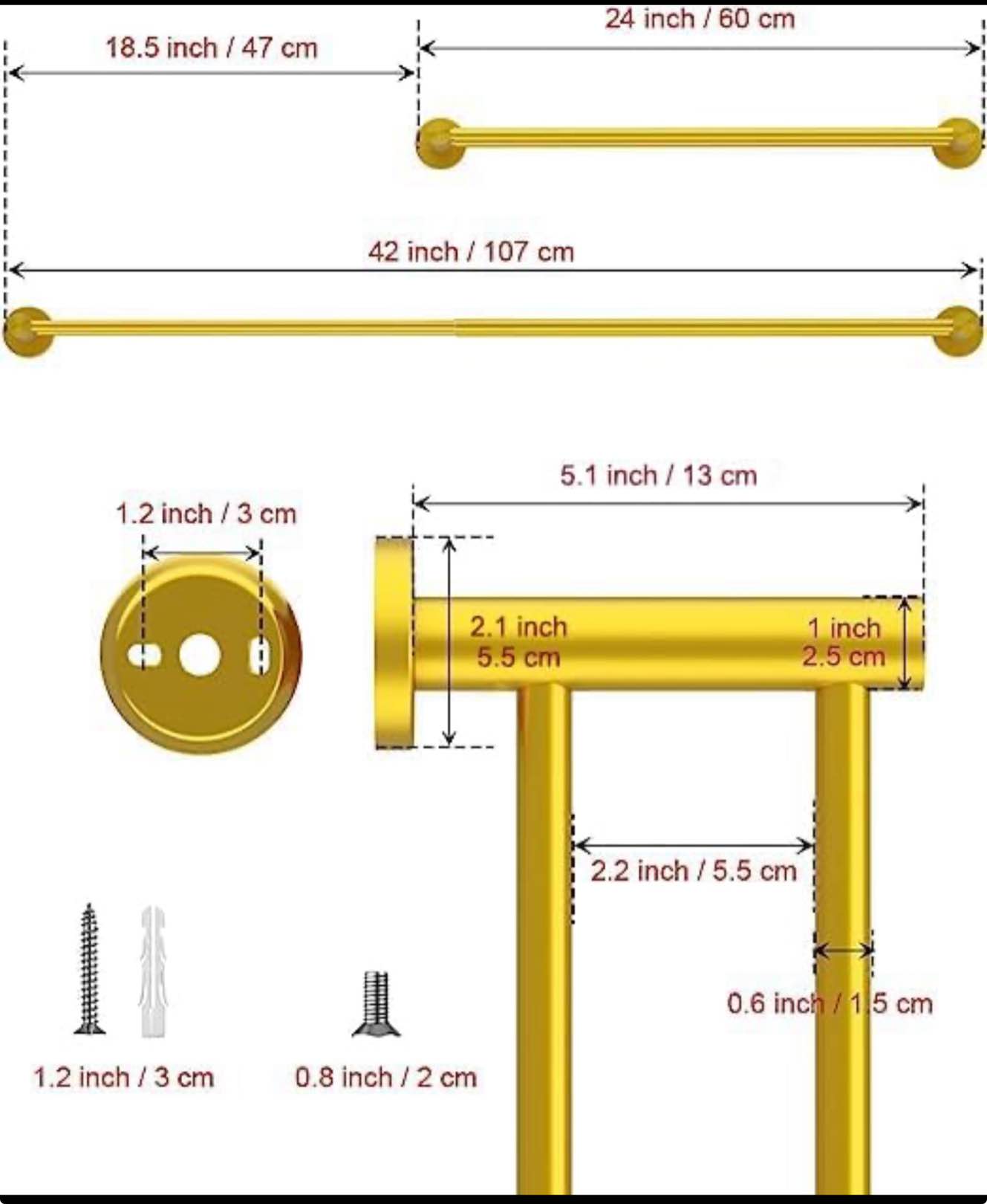 Adjustable Double Bath Towel Bar 23.6 to 42 Inch, ZUEXT Brushed Gold Stainless Steel Towel Holder Hanger, Expandable Wall Mounted Towel Rail for Bathroom Kitchen Washroom,1" Tube Towel Rail Racks