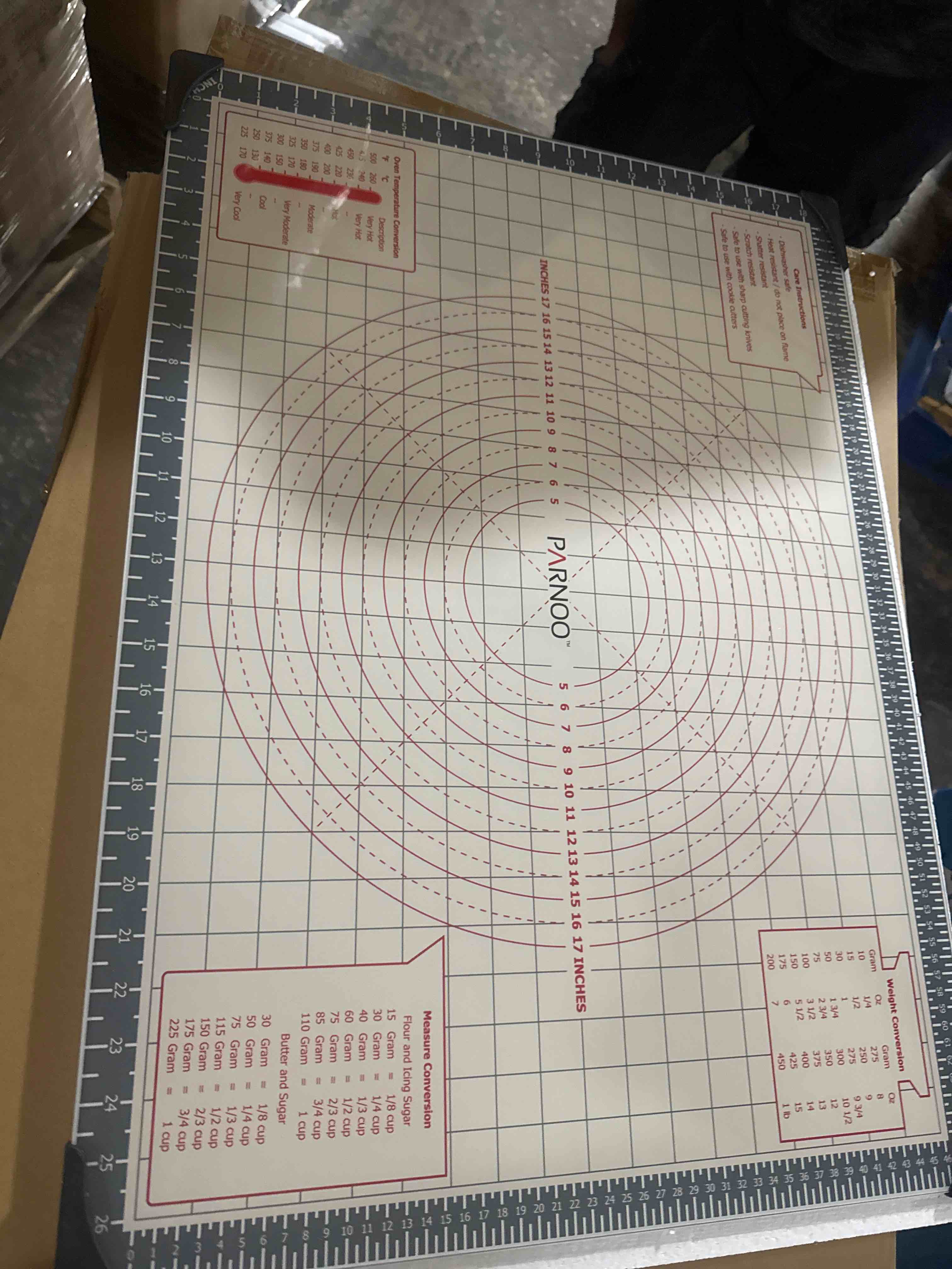 Condition photo showing New/Like New for tempered glass baking board/cutting board with measurements of 26" x 18" inch, non-stick dough rolling board board size 28.5" x 20.5"