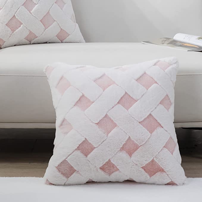 Cozy Bliss Faux Fur Pillow Cover Luxury Super Soft Plush Fleece Throw Pillowcase, Textured Knitted Cushion Cover Decorative Pillowcase for Sofa Couch Bed Chair Car (Pink, 20"x20")