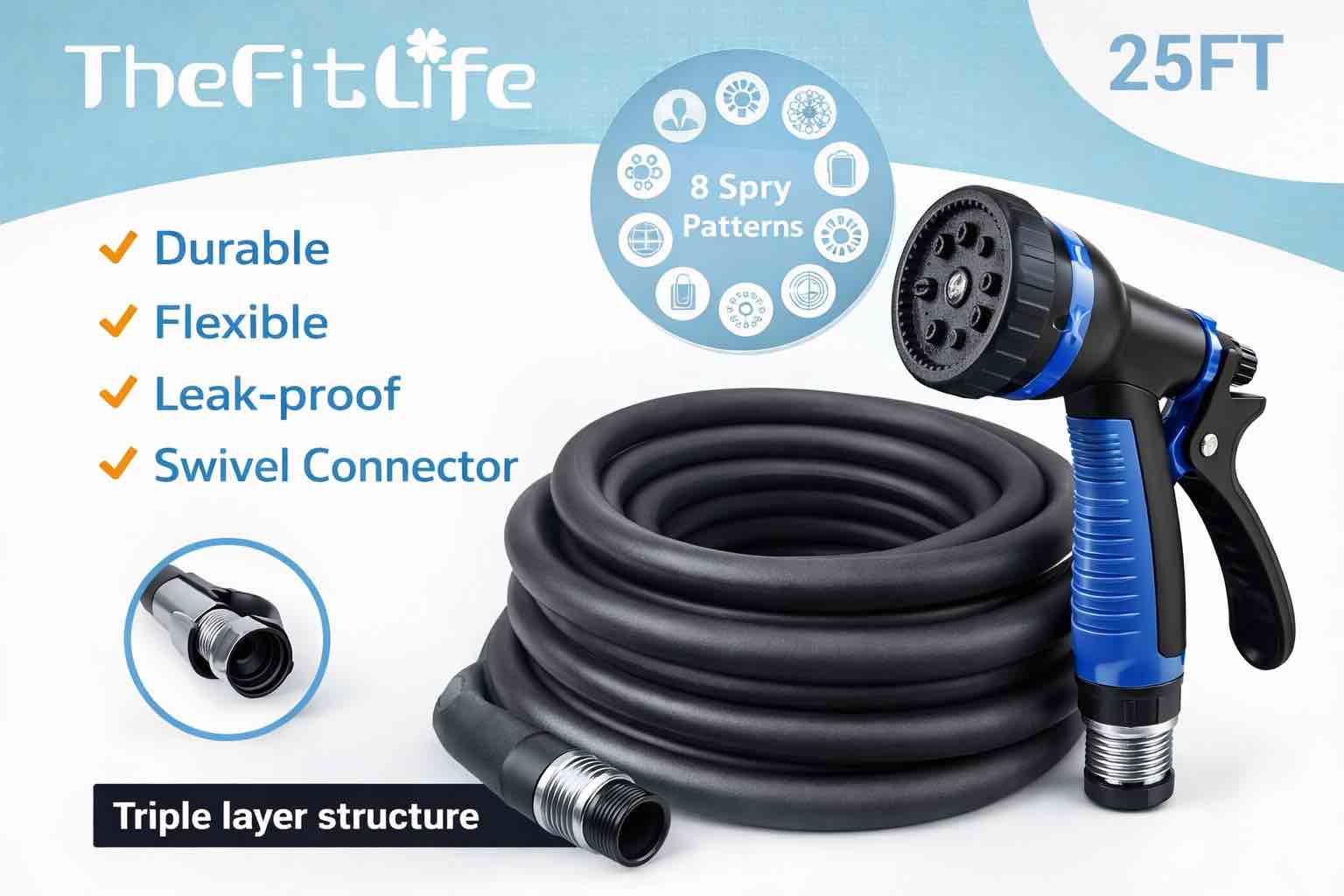 The Fitlife 25 foot hose with eight pattern spray nozzle