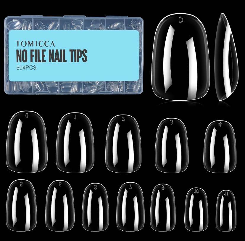TOMICCA 504Pcs 12 Sizes Acrylic Nail Tips, Full Cover Oval Shape Press on Nails, Clear Fake Soft Gel Nails, Prefabricated Full Cover Nail Tips, for DIY Nail Art Short Oval Nail Tips