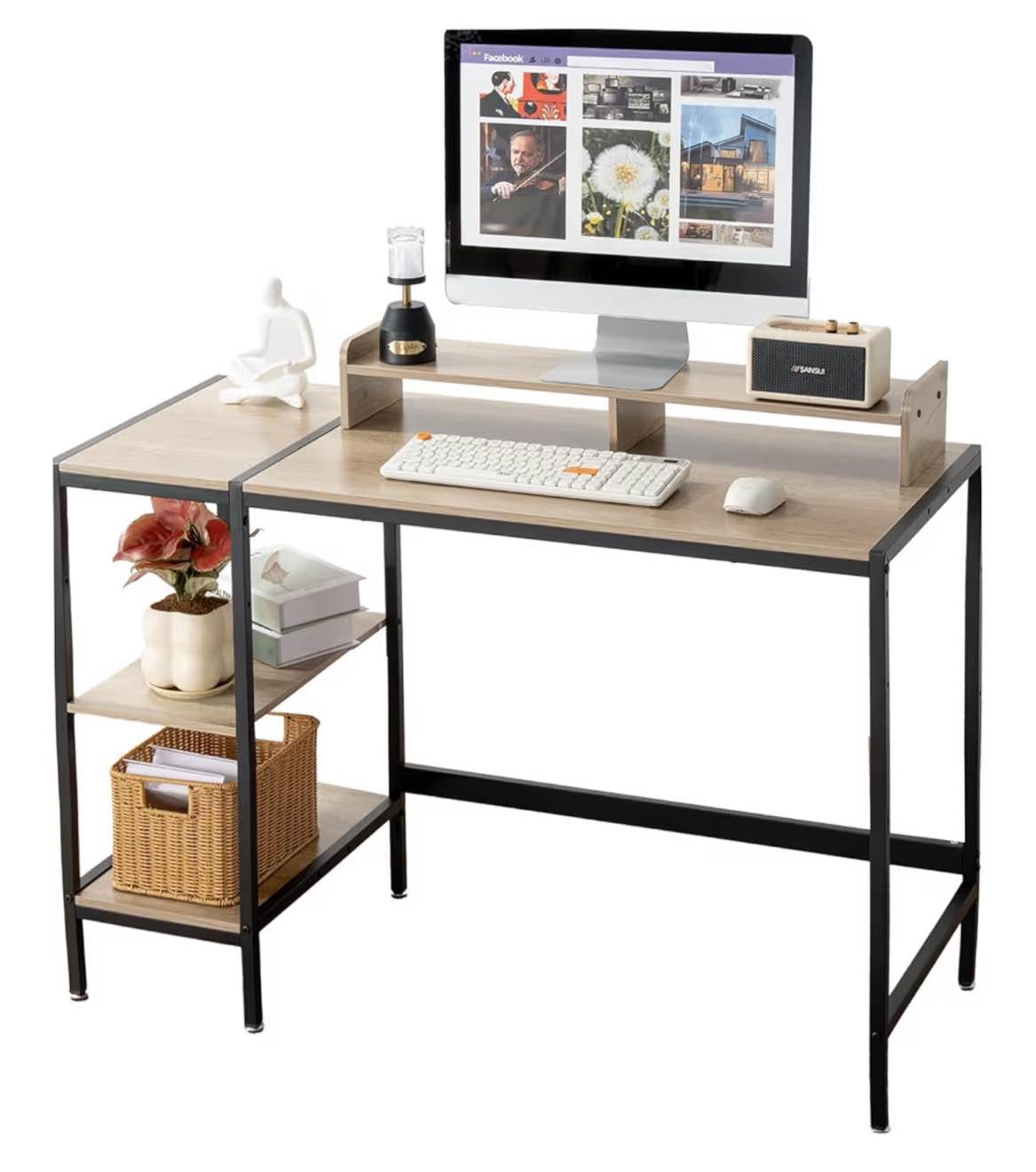 47-inch Computer Desk with Storage Shelf - Your Ideal Black Gaming Desk for Bedrooms, Small Spaces, and Home Offices. This Modern Writing Desk is Perfectly Suited for PCs beech