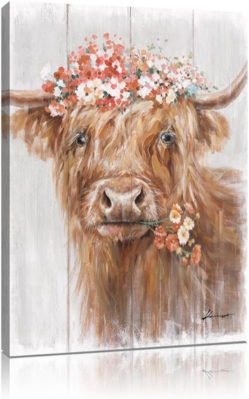 Highland Cow Canvas Farmhouse Decor: Funny Cow Wall Art with Flowers Staring at You Rustic Farm Wood Planks Unique Cattle Posters for Bathroom Framed Size 24"x32"